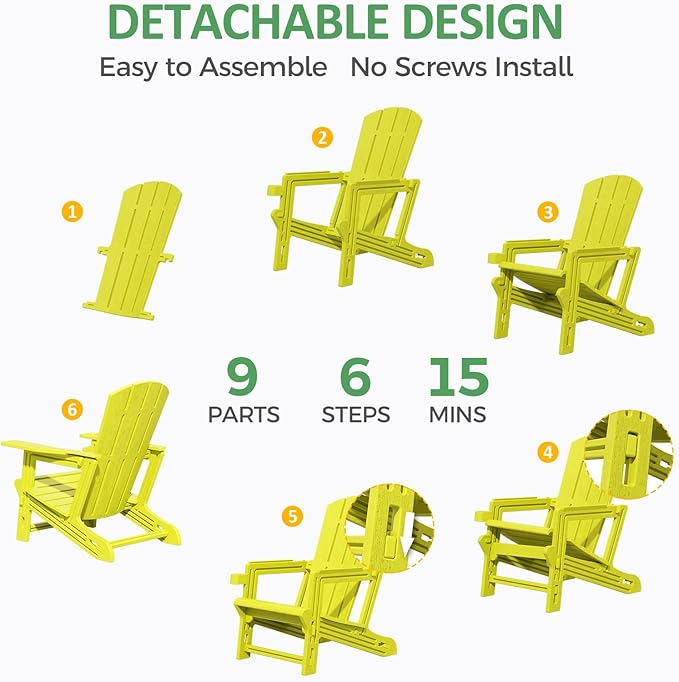 FONTOI Adirondack Chair, Outdoor Weather Resistant Lawn Furniture, Plastic Adirondack Chair with Cup Holder, 400 LBS Capacity Recliner, Garden Backyard Patio Without Screws Install, Yellow