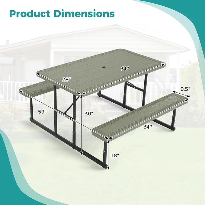 Giantex Picnic Table Bench Set for 4 People, 4.5FT Outdoor Rectangular Dining Table & 2 Benches w/Umbrella Hole - Photo 5