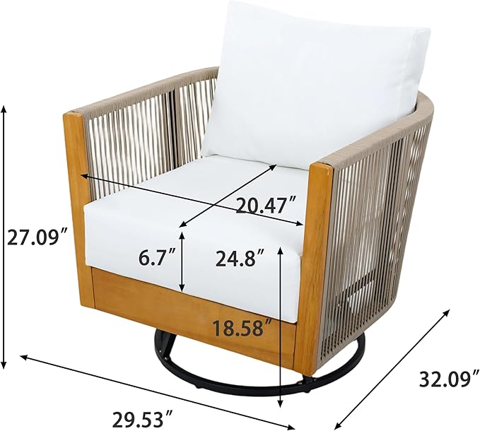 Merax Outdoor Swivel Chair, 360-Degree Rotation, Natural Acacia Wood with Handwoven Beige Rope Design and Seat Cushion, Metal Swivel Base, Weather-Resistant Chair for Patio Garden Balcony