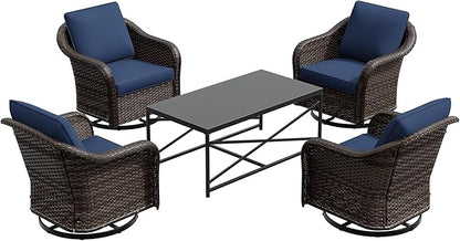 5 Pieces Outdoor Patio Conversation Furniture Set, 4 Pieces Rattan Glider 360 Degree Swivel Rocker Chairs with Removable Cushions, Coffee Table for Porch, Poolside (Navy Blue)