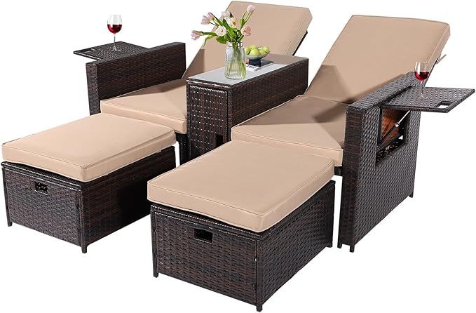 5PCS Outdoor Wicker Chaise Lounge Chair - Rattan Adjustable Reclining Patio Lounge Chair with Ottoman and Coffee Table - Photo 1