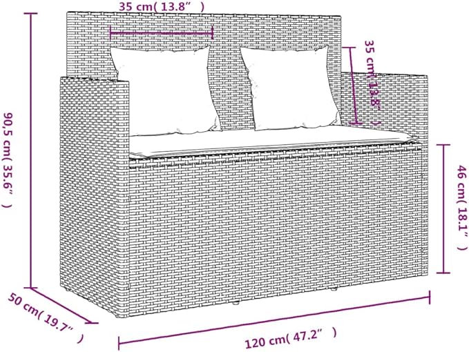 vidaXL Garden Bench with Cushions Brown UV Resistant Poly Rattan Outdoor Seating 2 Person Storage Compartment Modern - Photo 3