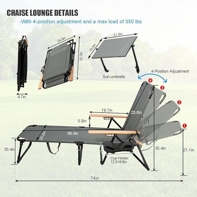 Folding Outdoor Chaise Lounge Chair with 360°Shade, 4 Position Portable Sun Tanning Chair with Headrest - Photo 3