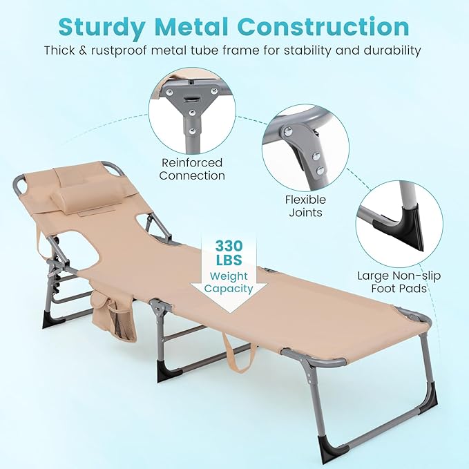 Goplus Tanning Chair with Face Hole, Foldable Adjustable Beach Chaise Lounger w/Arm Hole - Photo 6