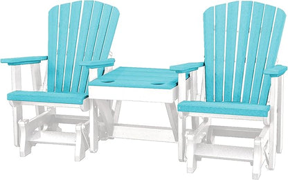 DutchCrafters Slat Fan Back Double Poly Adirondack Glider Outdoor Patio Chairs with Center Table (White & Aruba Blue)