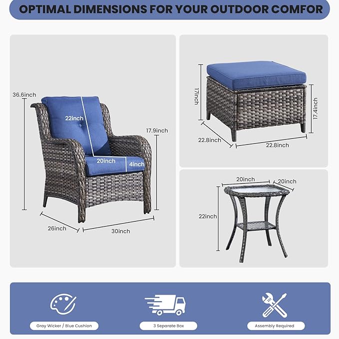 Belord Outdoor Wicker Furniture 5 Pieces Patio Furniture Set Patio Chairs with Ottomans and Side Table Conversation Set for Porch Garden Deck Balcony Poolside
