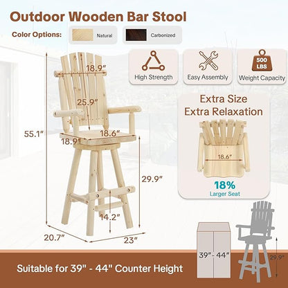 HOMEDIARY Outdoor Solid Wood Swivel Bar Stool, Oversized Rustic Patio Log Bar Height Chair with High Back and Footrest, 29.9" Adirondack Bar Chair for Deck Pub Garden, 500 LBS Capacity, Natural
