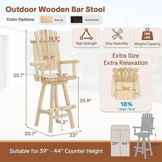 HOMEDIARY Outdoor Solid Wood Swivel Bar Stool, Oversized Rustic Patio Log Bar Height Chair with High Back and Footrest, 29.9" Adirondack Bar Chair for Deck Pub Garden, 500 LBS Capacity, Natural