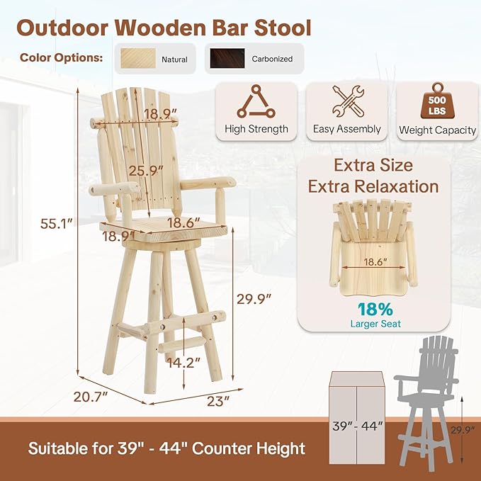 HOMEDIARY Solid Wood Swivel Adirondack Bar Chairs Set of 2, Outdoor Bar Height Barstools Chairs Set with High Back and Footrest, 29.9" High Top Chair for Deck Pub, 500 LBS Capacity, Natural