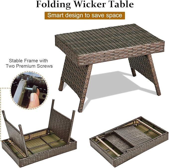 RELAX4LIFE Patio Rattan Side Table - Folding Coffee Table with Premium Brown PE Wicker & High-Duty Steel Frame - Photo 3