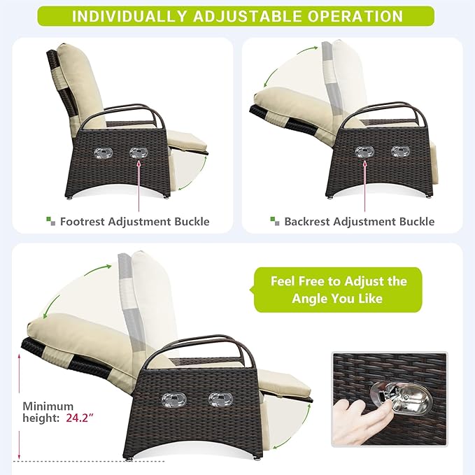 ATR ART TO REAL Outdoor Recliner Chairs, PE Wicker Reclining Lounge Chair with Removable Soft Cushion, Adjustable Outside Recliners for Patio, Porch, Poolside, Balcony, Lawn (Khaki, 2 PCS)