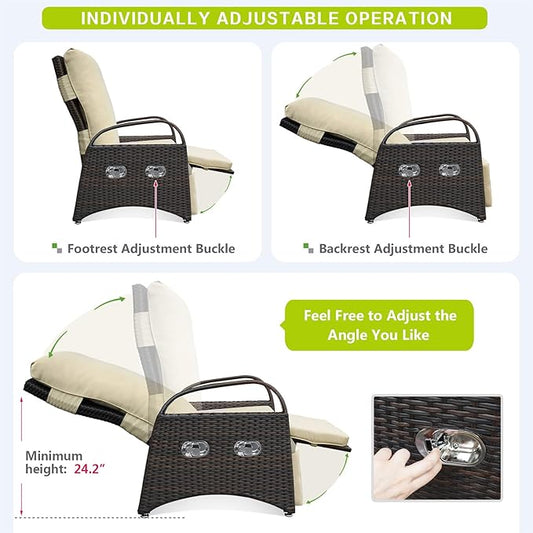 ATR ART TO REAL Outdoor Recliner Chairs, PE Wicker Reclining Lounge Chair with Removable Soft Cushion, Adjustable Outside Recliners for Patio, Porch, Poolside, Balcony, Lawn (Khaki, 2 PCS)