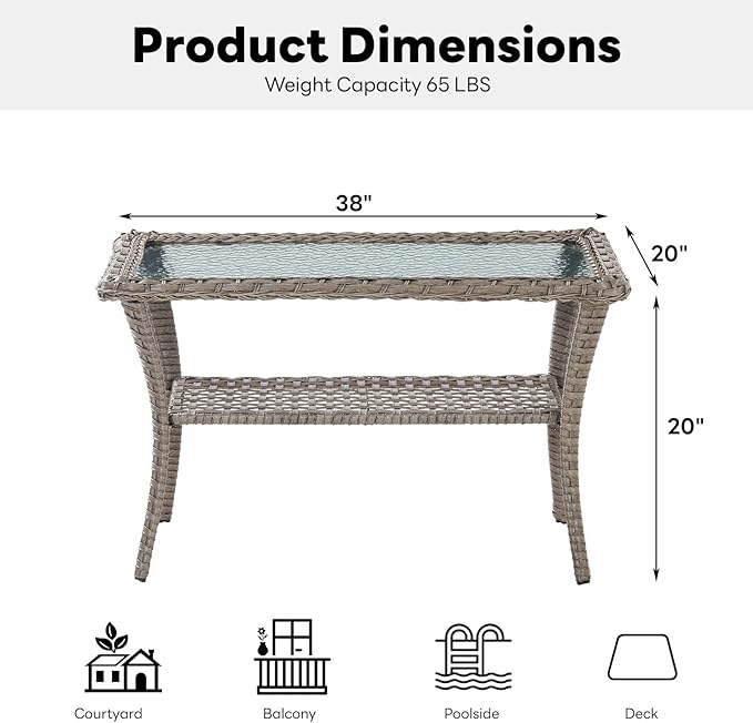 Belord 38 Inch Outdoor Coffee Table with 2 Tier Storage - Wicker Coffee Table with Water Ripple Texture Tempered Glass Top, All Weather Patio Coffee Table for Deck Porch Balcony Garden Gray