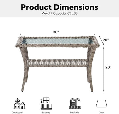 Belord 38 Inch Outdoor Coffee Table with 2 Tier Storage - Wicker Coffee Table with Water Ripple Texture Tempered Glass Top, All Weather Patio Coffee Table for Deck Porch Balcony Garden Gray