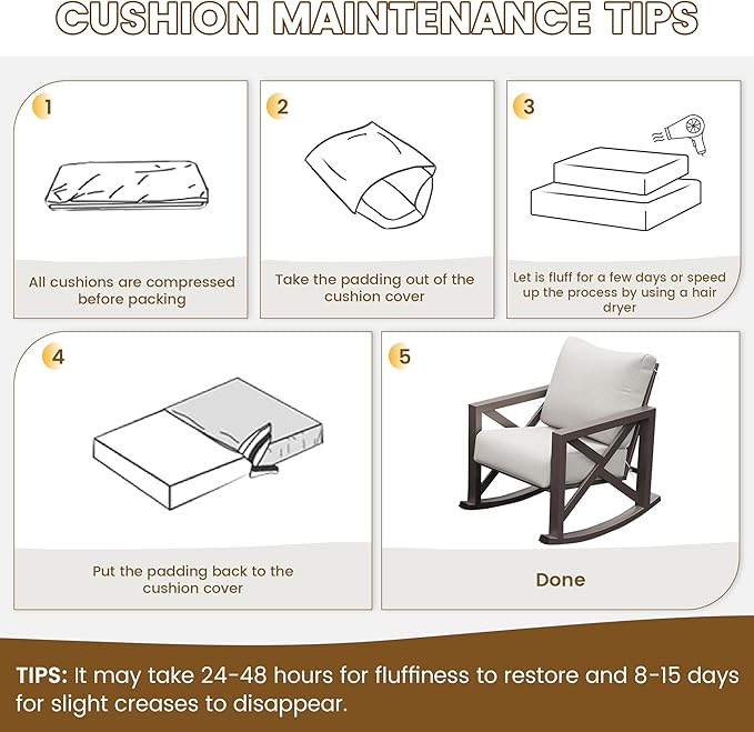 UDPATIO Rocking Chair Outdoor Set 2 with Coffee Table, 3 Piece Metal Rocking Bistro Set with 6.5" Water-Resistant Cushions, Oversized, 350lbs Heavy-Duty, for Porch, Patio, Balcony, Beige