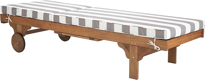 SAFAVIEH Outdoor Collection Newport Natural/ Grey & White Stripe Cushion Built-in Side Table Adjustable Chaise Lounge Chair