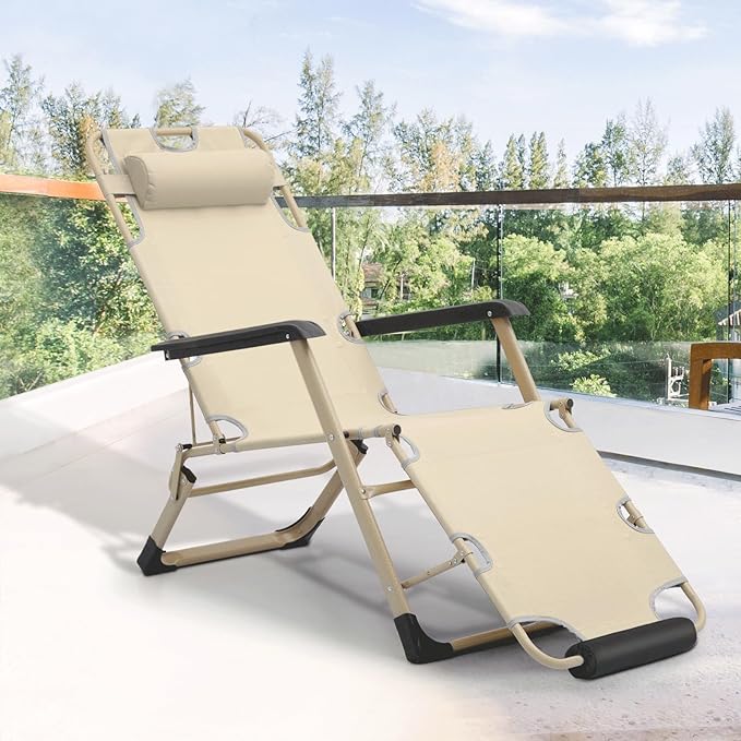 Magshion Folding Reclining 3-Position Patio Chair Outdoor Lounge Chair with Footrest Folding Portable Outside Recliner Chair for Poolside Backyard Beach, 330 lbs (Cream)