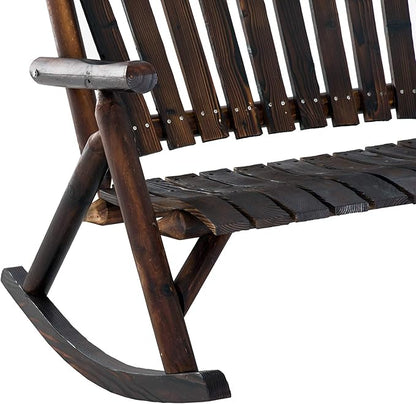 Outsunny Outdoor Wooden Rocking Chair, Double-Person Rustic Adirondack Rocker with Slatted Seat, High Backrest, Armrests for Patio, Garden and Porch, Carbonized