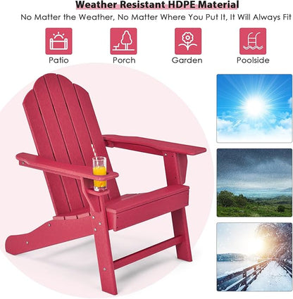 Giantex Adirondack Chair, HDPE All-Weather Patio Chair with Built-in Cup Holder, Outside Composite Chairs, Lawn Chair for Campfire, Deck, Garden, Yard, Balcony, Outdoor Fire Pit Chairs (2, Red)