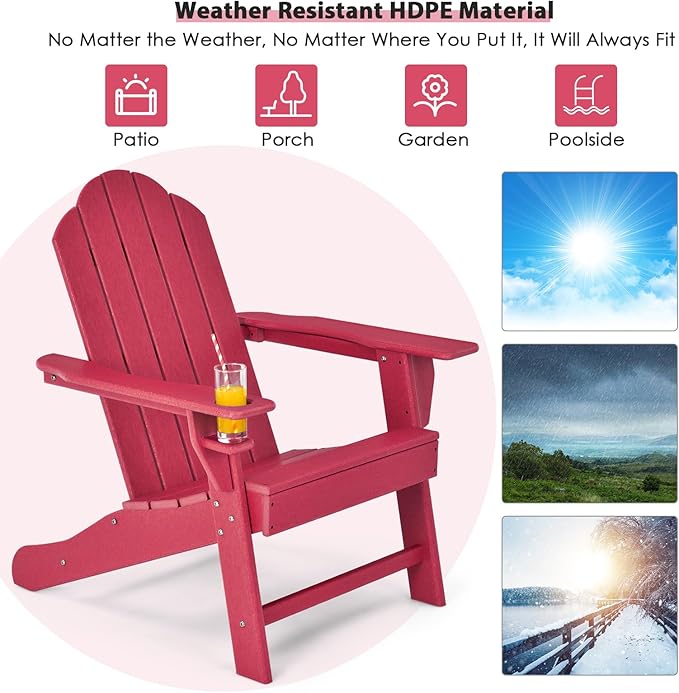 Giantex Adirondack Chair, HDPE All-Weather Patio Chair with Built-in Cup Holder, Outside Composite Chairs, Lawn Chair for Campfire, Deck, Garden, Yard, Balcony, Outdoor Fire Pit Chairs (1, Red)