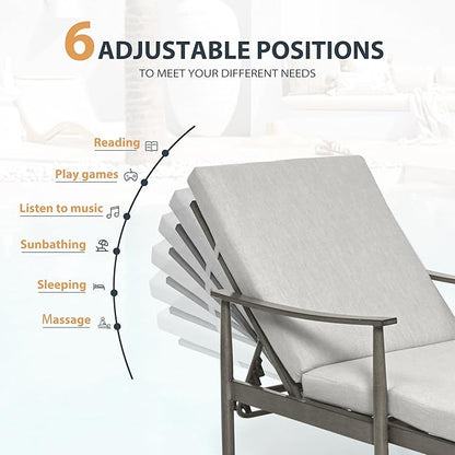 HAPPATIO Outdoor Chaise Lounge - Aluminum Pool Lounge Chair with Adjustable Backrest and Cushion, Curved Armrest, Outdoor Lounge Chair for Beach, Yard, or Poolside (Grey)