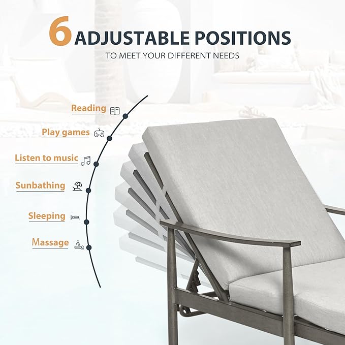 HAPPATIO Outdoor Chaise Lounge Set of 3, Aluminum Pool Chair with Adjustable Backrest and Cushion, Curved Armrest - Photo 3