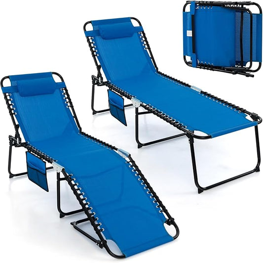 Tangkula Beach Lounge Chair for Outside, Folding Chaise Lounge Outdoor with 4-Position Backrest, Removable Headrest and Side Pocket, Portable Sunbathing Tanning Chair for Patio, Poolside (2, Navy)