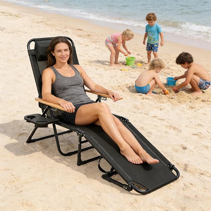 Folding Outdoor Chaise Lounge Chair, Portable Camping Cot with Headrest, 4 Position Beach Lounge with Cup Holders & Wooden Armrests, Sun Tanning Chair for Patio Pool Lawn, Supports 350lbs (Black)