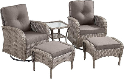 5 Pieces Outdoor Wicker Patio Furniture Set-High Back Outdoor Rocking Chairs Set of 2 with Ottoman Patio Conversation Sets for Deck Lawn Porch Balcony Poolside-Grey/Grey