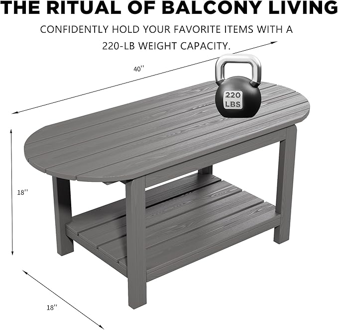 HIPS Coffee Table with Rounded Curved Sides Indoor Outdoor, Rustic Wood Desktop Easy Assembly Farmhouse Style, Suitable for Home Office Use. (Grey)