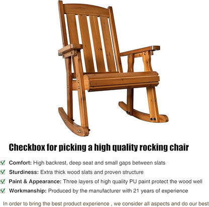 Wooden Patio Rocking Chair with Comfortable Backrest Inclination, High Backrest and Deep Contoured Seat, Solid Fir Wood, Heavy Duty 600 LBS, for Both Outdoor and Indoor (Natural)