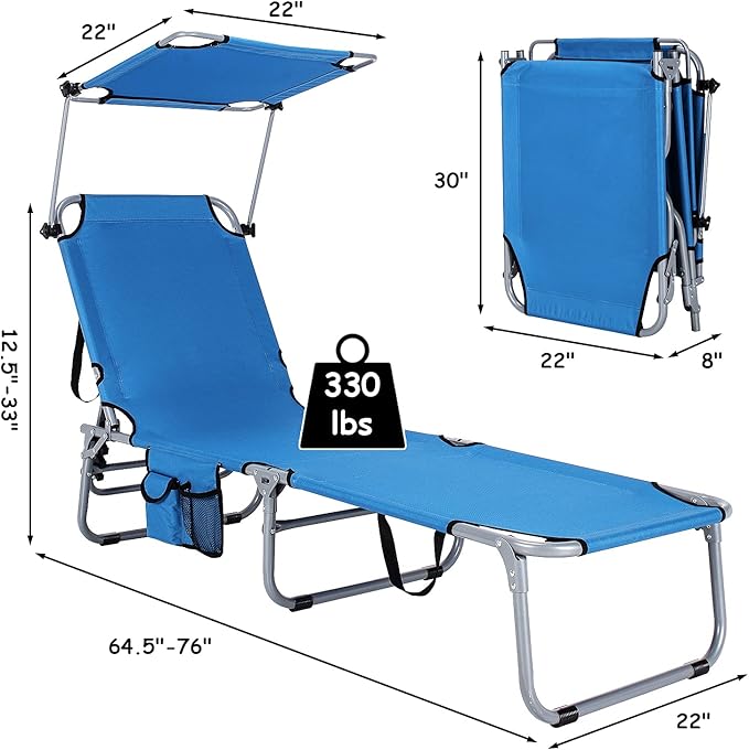 GYMAX Beach Chair with Canopy Shade, Folding Tanning Lounge with Adjustable Backrest, Carry Handle & Side Pocket - Photo 3