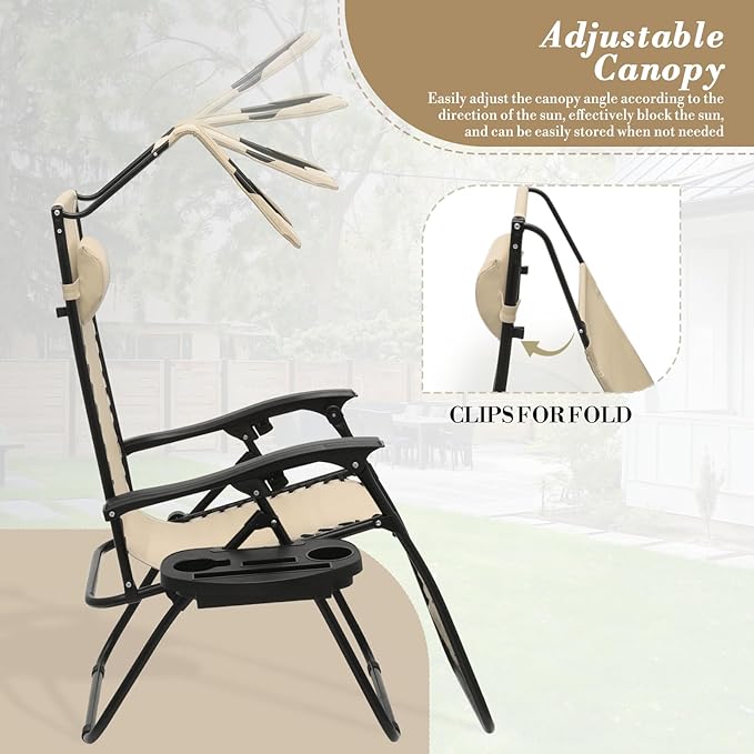 Athena Collection Patio Chairs Set of 2 Reclining Lounge Chair with Cup Holder and Pillow Fabric Camping Chairs with Canopy Foldable Beach Chairs for Garden, Park, Deck, Yard, Poolside, Cream