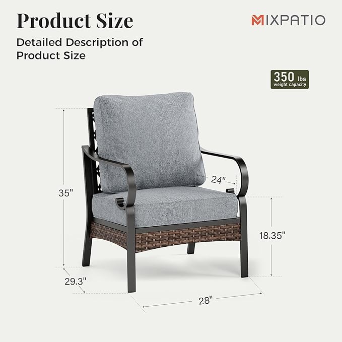 Outdoor Patio Leg Sofa Chairs Set of 2 Steel Frame Porch Furniture with Deep Seating and 5.75" Cushions for Lawn Backyard Deck, Grey
