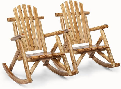 Outvita Wooden Rocking Chair Set of 2, Fir Log Adirondack Rocker, Outdoor Wood Accent Furniture Lounge Chairs for Garden Patio Backyard Porch (Light carbonized)