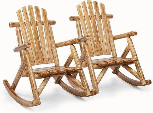 Outvita Wooden Rocking Chair Set of 2, Fir Log Adirondack Rocker, Outdoor Wood Accent Furniture Lounge Chairs for Garden Patio Backyard Porch (Light carbonized)