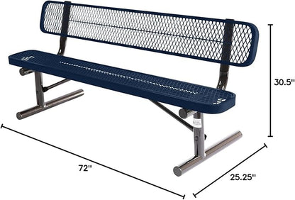 COATEDOUTDOORFURNITURE Heavy-Duty Portable Outdoor Bench Thermoplastic Coated, Expanded Metal, Commercial-Grade Seating, Made in America (Portable with Back, 6 Ft, Textured Dark Blue)