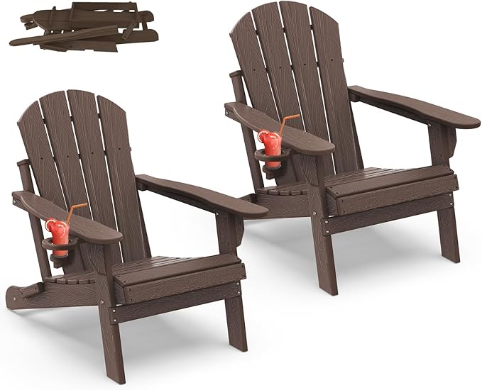 IVY&LANE Folding-Adirondack-Chair-Set-of-2 | HDPE Plastic | Dark Brown | Outdoor Fire Pit Chair with Cup Holder | Poly | Weather Resistant | for Patio Deck Poolside Garden Beach