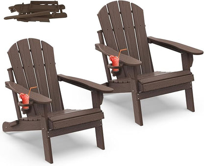 IVY&LANE Folding-Adirondack-Chair-Set-of-2 | HDPE Plastic | Dark Brown | Outdoor Fire Pit Chair with Cup Holder | Poly | Weather Resistant | for Patio Deck Poolside Garden Beach