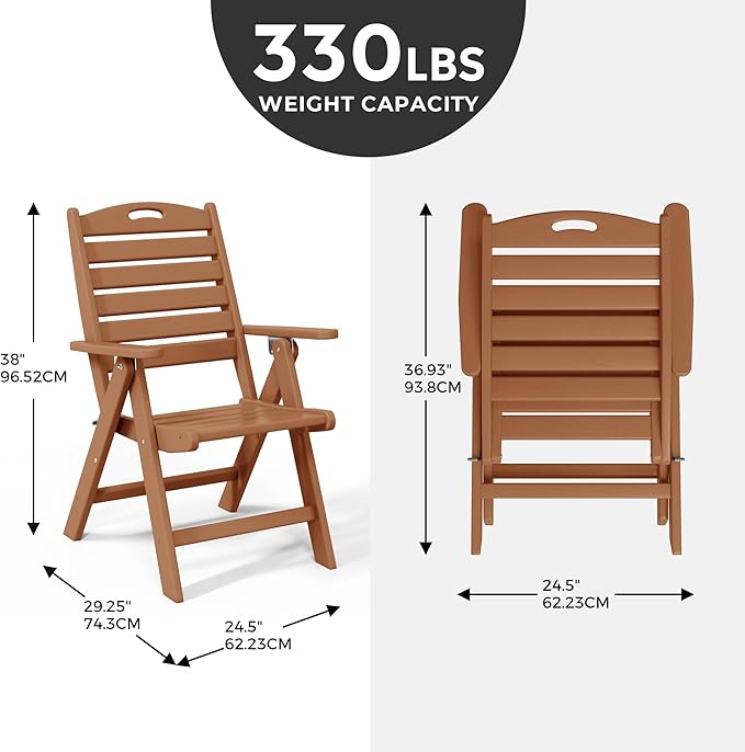 Costaelm Outdoor Adjustable Highback Folding Patio Dining Chair, HDPE Armrest Poly Lumber Restaurant Bistro Dining Chair for Outside Porch Backyard Garden, Teak