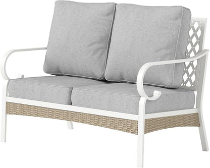 Metal Patio Furniture Loveseat with 5.75" Extra Thick Waterproof Cushion, 2-Seater Deep Seating & High-Back White Outdoor Couch All Weather Outdoor Seating for Gazebo Porch, Light Gray