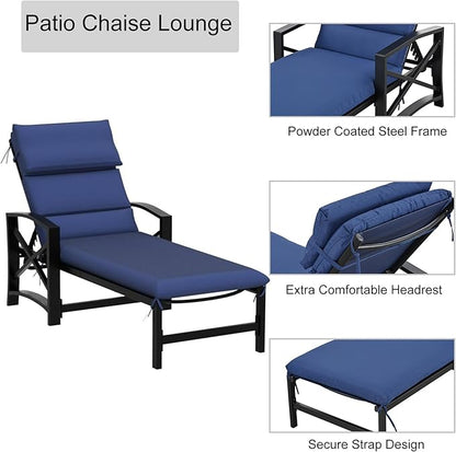 LOKATSE HOME Patio Chaise Lounge Chair Outdoor Furniture Reclining Adjustable with Cushion and Soft Pillow for Pool, Deck, Yard, Blue