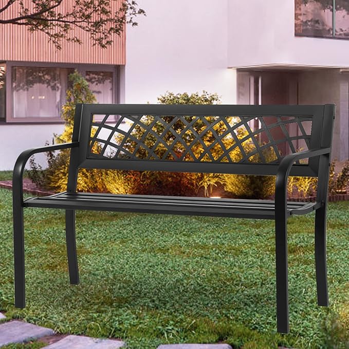 BSTOPHKL Outdoor Bench, Patio Garden Bench for Outside Steel Frame Patio Metal Bench for Porch, Lawn, Balcony, Backyard, Poolside, Outside Decor Furniture, Black