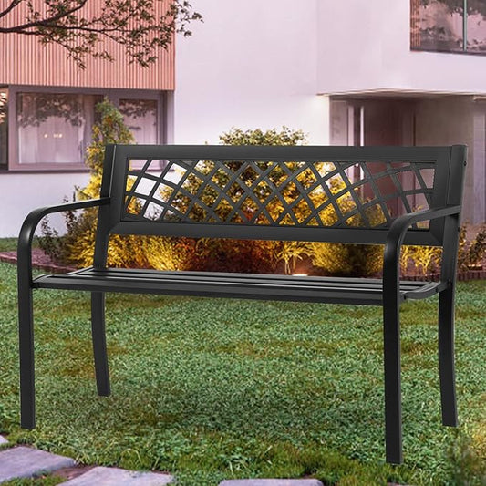 BSTOPHKL Outdoor Bench, Patio Garden Bench for Outside Steel Frame Patio Metal Bench for Porch, Lawn, Balcony, Backyard, Poolside, Outside Decor Furniture, Black