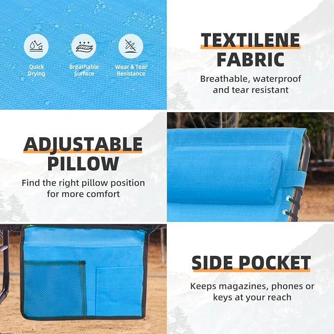 Patio Lounge Chair Folding Chaise Bed - Heavy-Duty 400lb Capacity Portable Adjustable Recliner w/Pillow for Pool - Photo 7