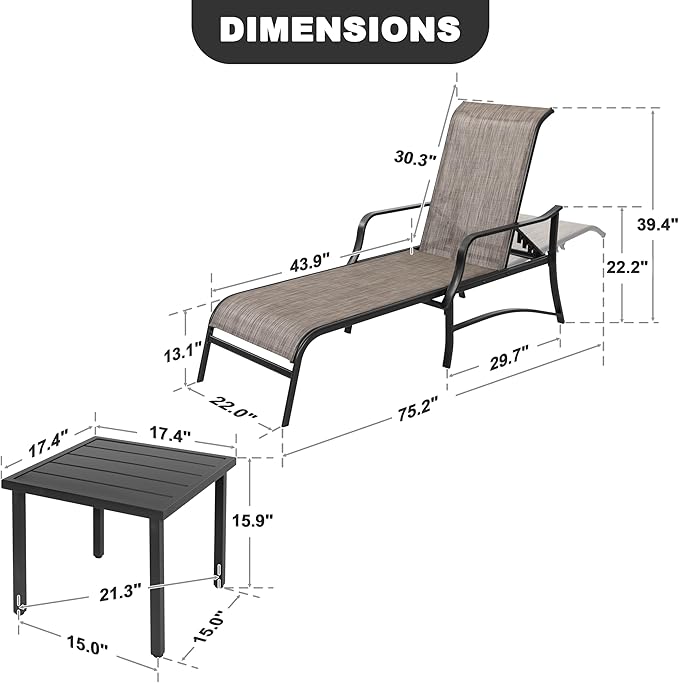 NUU GARDEN Outdoor Chaise Lounge Set of 3, Textilene Patio Chaise Lounges with 5-Level Adjustable Backrest, Outdoor Chaise Lounge Chairs, Sunbathing Loungers, Side Table Included, Black and Brown