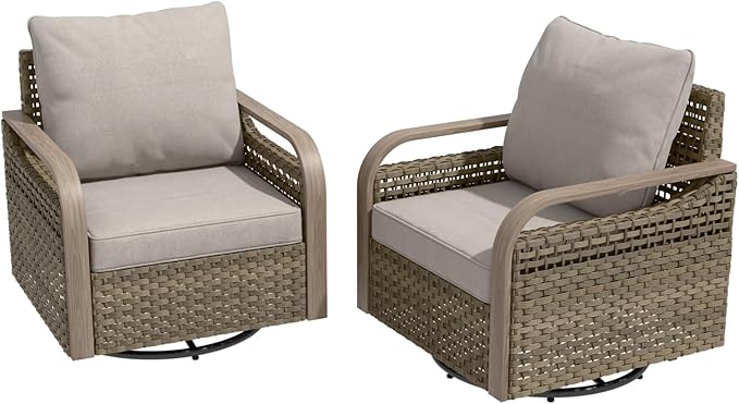 Modern Wicker Outdoor Swivel Rocking Chairs, Rattan Glider Rocker Chairs Patio Armchairs for Backyard, Deck, Porch, Garden, 2 Pieces, Brown/Gray