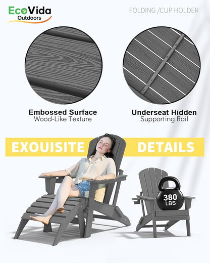 3-Piece Folding Adirondack Chair Set - 38" Extra Tall Back & Embossed Wood Grain, Oversized HDPE Patio Furniture with Side Table & Cup Holders, 380lb Heavy Duty,Grey