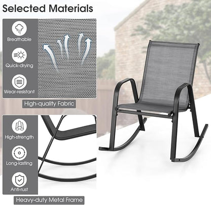Giantex Outdoor Rocking Chairs Set of 2, Patio Rocking Chairs w/Breathable Seat & Back, Heavy-Duty Metal Support, Ergonomic Outside Rocker for Backyard, Poolside, Garden (1, Grey)