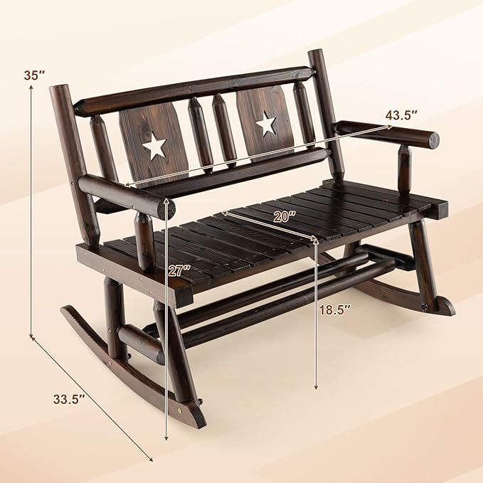 HAPPYGRILL Outdoor Wood Rocking Bench Carbonized Double Rocking Chair for 2 Persons with Wide Curved Seat, Porch Rocker for Porch, Garden, Backyard, 710LBS Capacity, Rustic Brown